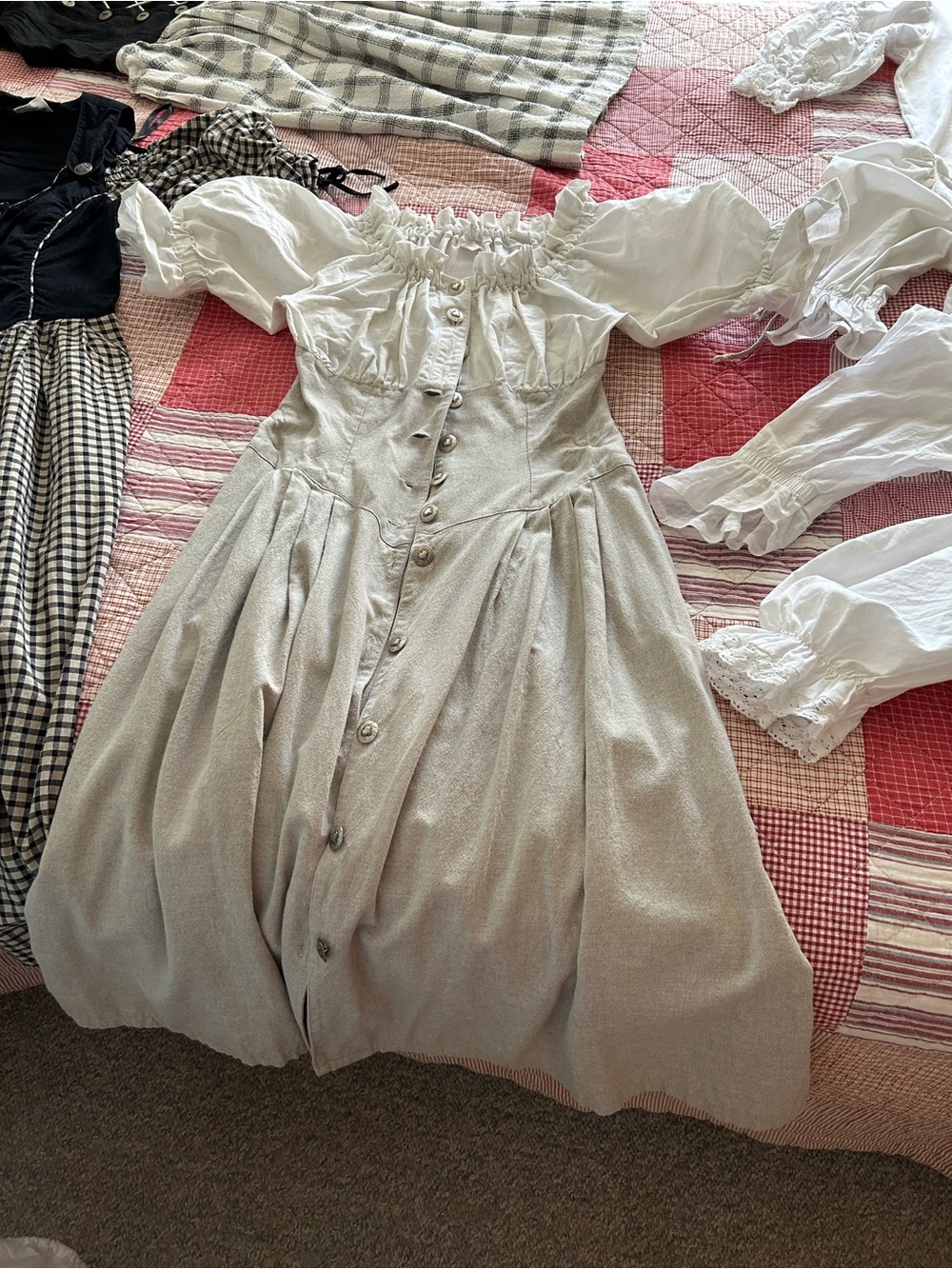White and Light Gray Button-Front Cotton Blend Dress - Picture 2 of 2
